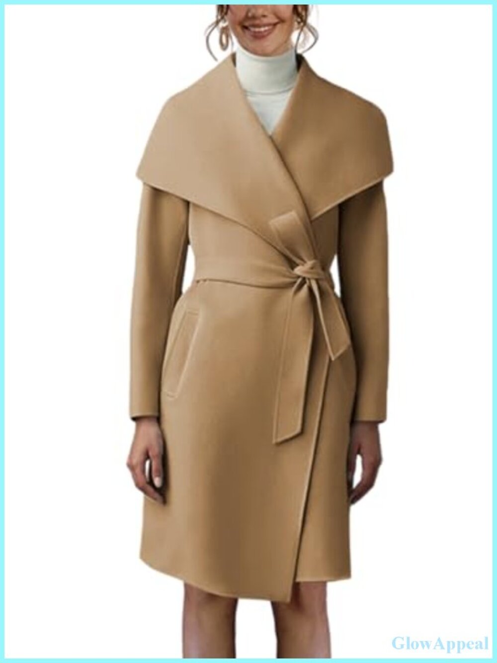 Women's Wool Blend Open Front Belted Trench Pea Coat Long Sleeve